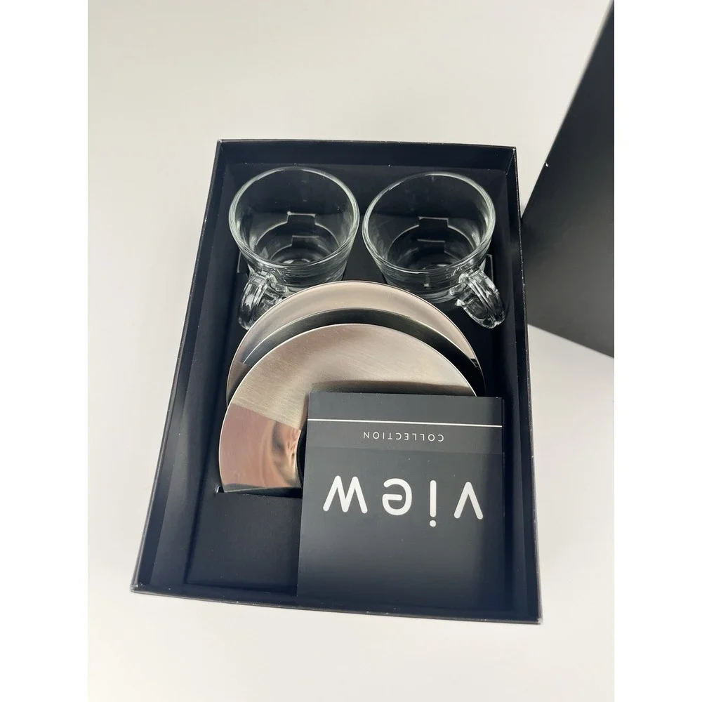 Nespresso VIEW Glass Espresso Cups Stainless Steel Saucers Set of 2 New w/ Flaw